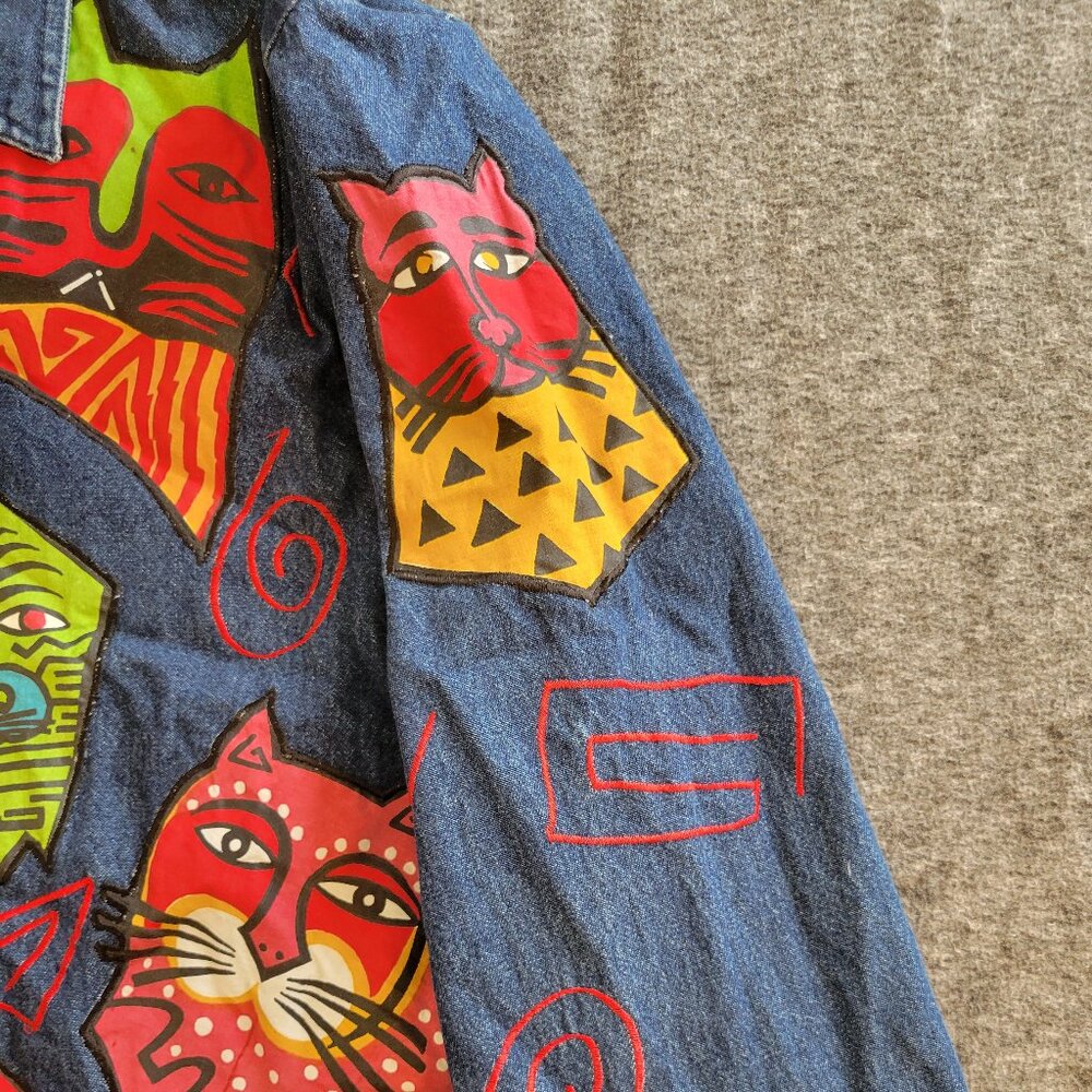 VTG Cat Patch Denim Jacket M Funky 90s Upcycled Custom Handmade Layer - Picture 4 of 10